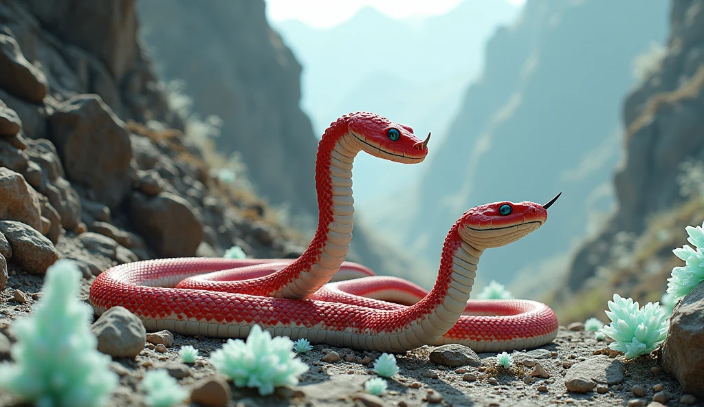 There is white jade ore on the mountain,There are also pit vipers with red and white bodies and spikes on their noses.(best quality,4K,8k,High level,masterpiece:1.2),Ultra Detailed,(lifelike,Photo real,Photo real:1.37)