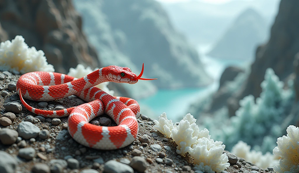 There is white jade ore on the mountain，There are also pit vipers with red and white bodies and spikes on their noses.（best quality，4K，8k，High level，masterpiece：1.2），Ultra Detailed，（lifelike，Photo real，Photo real：1.37）