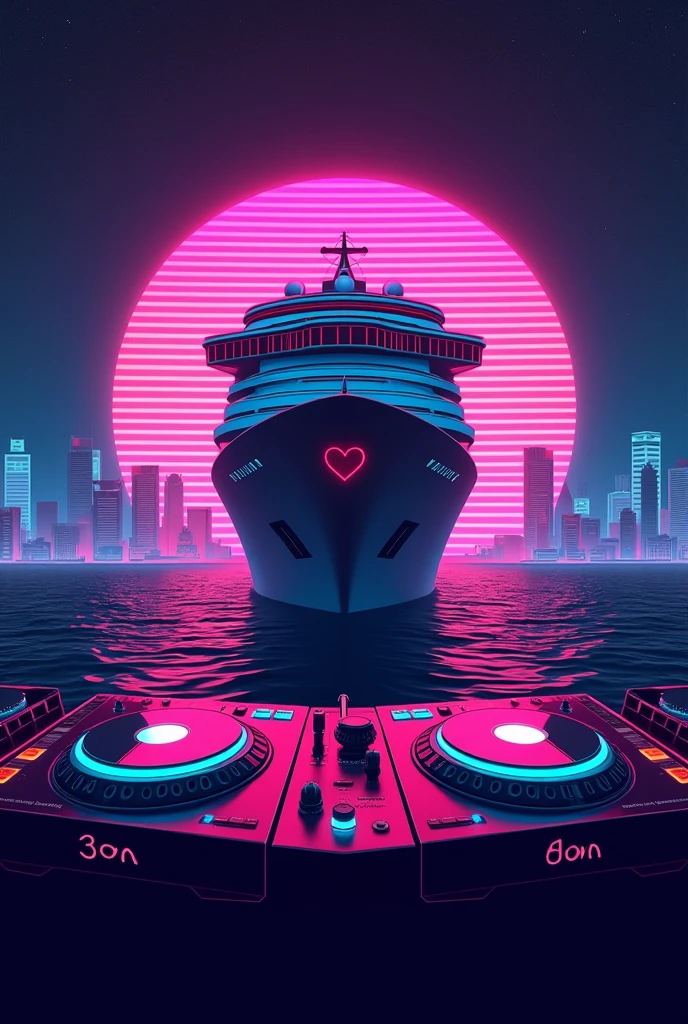 I need an 80s themed Artwork as a poster without people for a Club event which is called LOVE ON DECKS, the name is a pun including the cruise ship and the DJ turn tables. The logo of the party LOVE ON DECKS hast to be visible with an heart instead of an o. The ship and a dj turn table the hast to be prominent