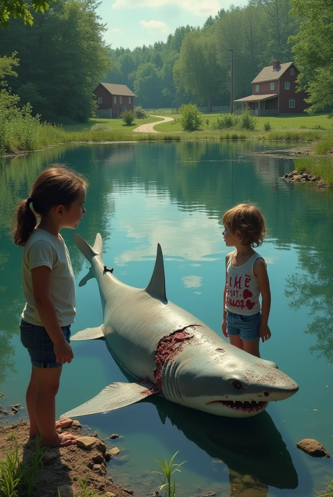 A pond in a rural American home Dead shark in a pond The shark is dead and has wounds on its body. Two children are amazed at what they find