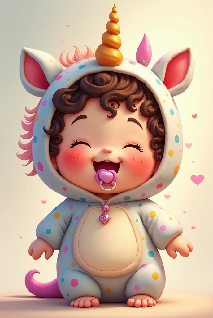 , white, chubby, brown curly hair, with unicorn outfit, Grinning, with pacifier