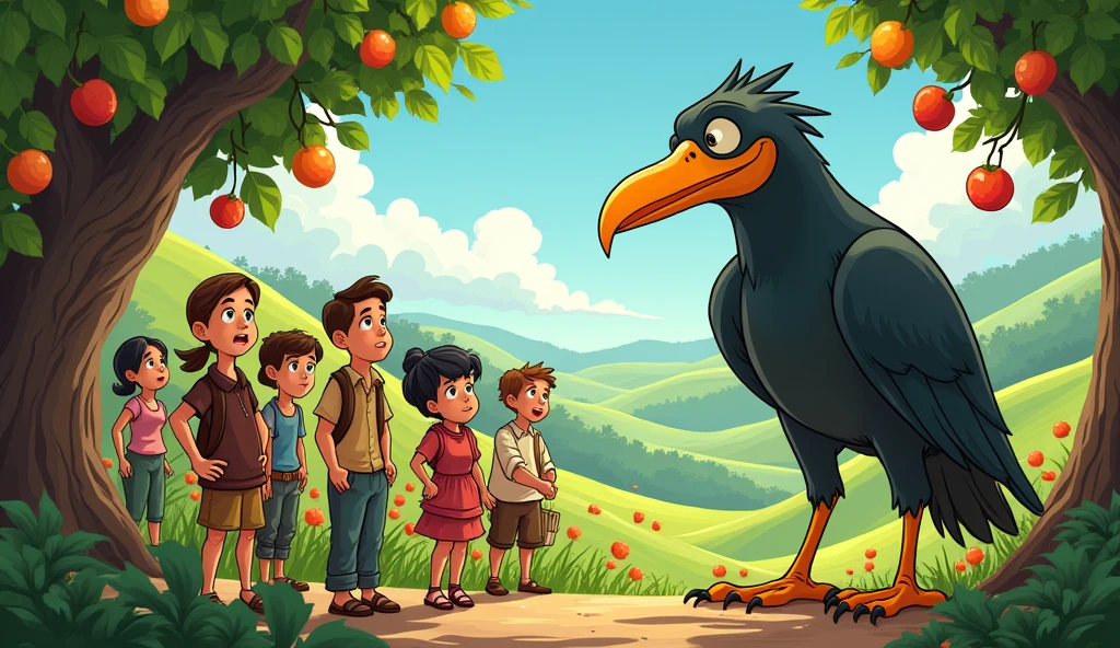 Generate an cinematic cartoon style image of " The villagers looking worried as they see the bird eating fruits."