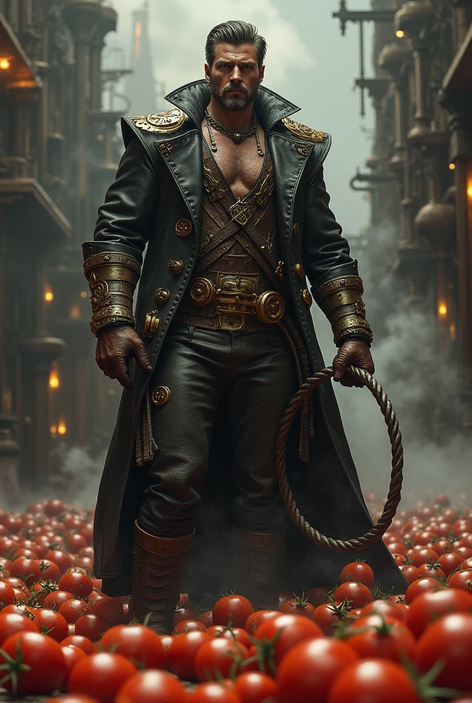 Man with a whip and a bucket of tomatoes steampunk 