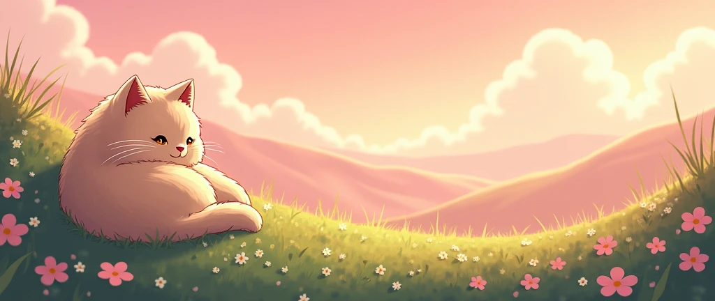 Cat, Cozy , Anime ,Lofi ,Ultrawide , Studio Ghibli vibes , Wide view ,Pink color tones ,landscape