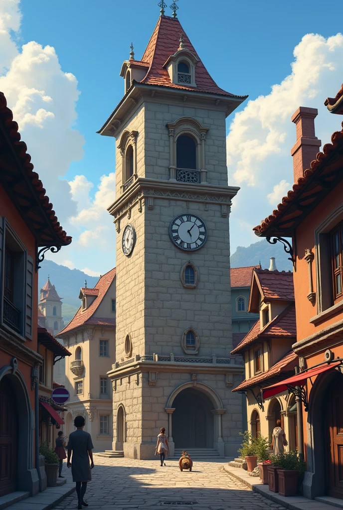 generate an animated image of a medieval city and an old clock in the middle, at the top of it there must be two holes