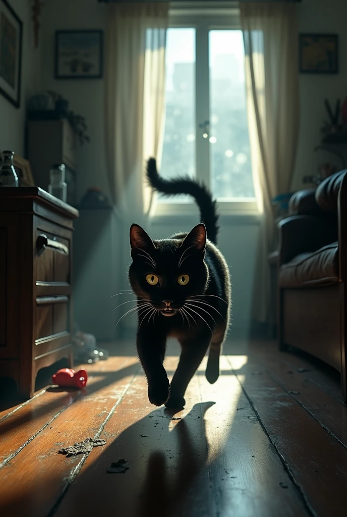 a black cat running scared in an apartment 