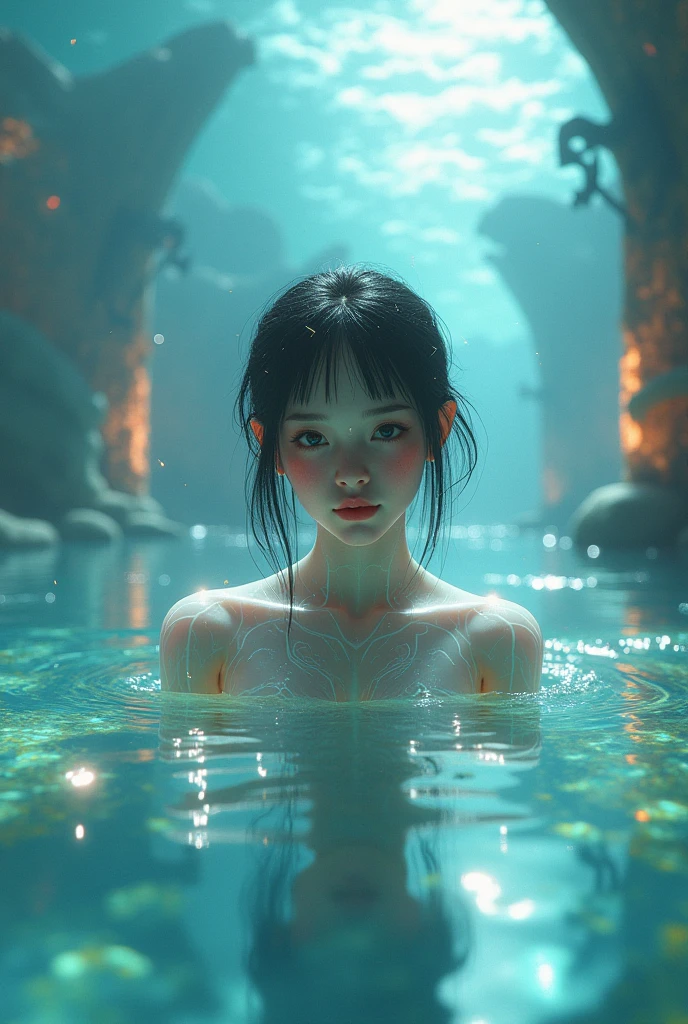 Model shooting style, Sea of Fire Scenery，Translucent ethereal mechanical beautiful girl，Head above water level，rosy cheeks，Futuristic girl，Mechanical joints，Eyes sharp and looking squarely，perspective rear view，shallow swimming，Close-up of futuristic underwater translucent dragon palace,colorful scene, Beautiful Milky Way in the background，Art bud, shattered glass, ((Bubble fire scenery)) ，Radiant Octane render in great detail,photography：Brandon Woelfelmist，surreal dreamscape，Surrealist art fantasy style，Epic digital fantasy art style，lute，HDR，Beautiful Sci-Fi Art, Sci-fi digital art illustration, Digital Cyberpunk Art, Science Fiction Digital, Futuristic numbers, Futuristic Concept Art, Sci-fi suspension cyberpunk, Cyberpunk Atlantis Landscape, Science Fiction Digital艺术, 高级Digital Cyberpunk Art, Fantastic cyberpunk girl(best quality,4K,8K,high resolution,masterpiece:1.2), (Practical,Reality,Photo-real:1.37). information,