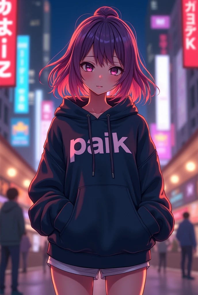 Create anime character;
{background: capital HD text: “GLBK” in right-top, night}, tanned skin,
realistic, HDR, beautiful, japan style, full body, age 20, hoodie HD text: “Paik”, female, color Gradient hair, long hair, boobs size: F