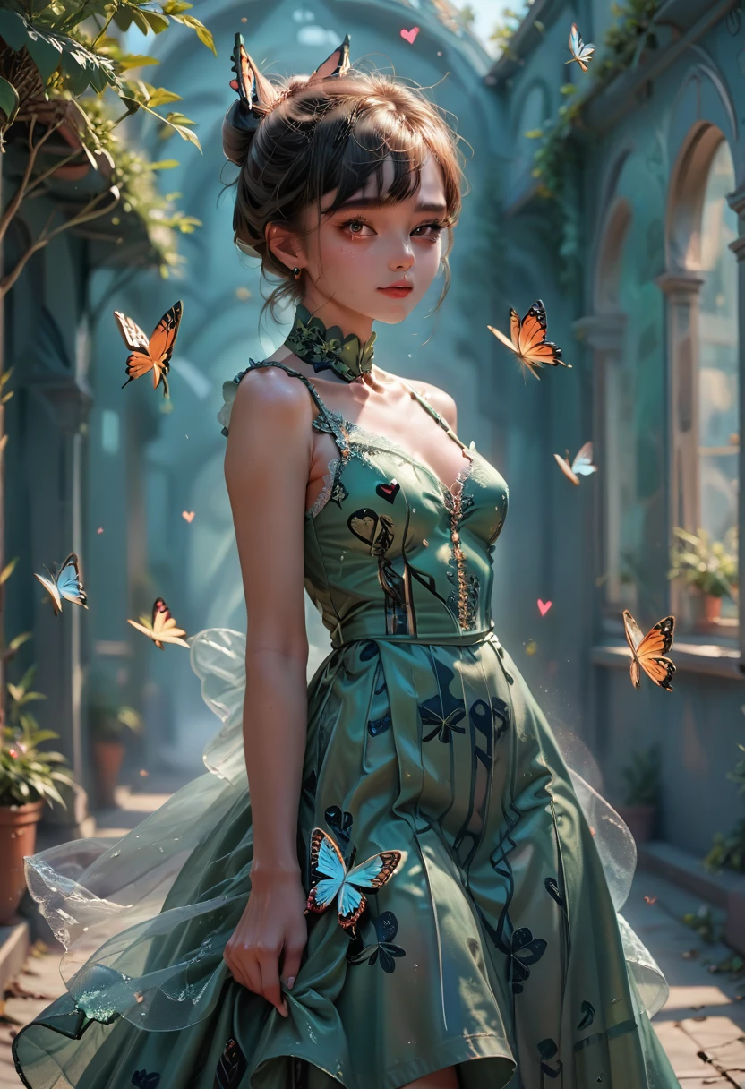 ((Masterpiece)), (best quality), (simple style), green dress, butterfly heart, pleated lace, Edwardian lace dress.