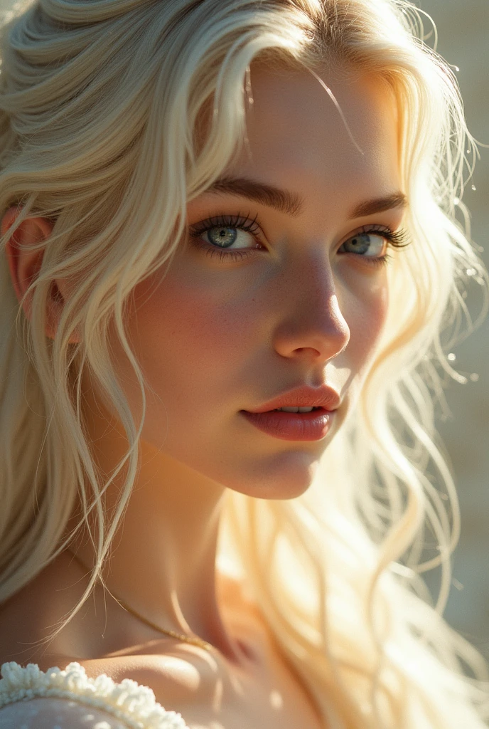 Picture of most beautiful young woman face with white hair,deep blue eyes and smoothest white skin facing right side and sunlight on here glowing face