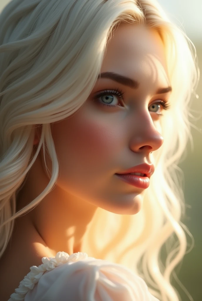 Picture of most beautiful young woman face with white hair,deep blue eyes and smoothest white skin  facing right side and sunlight on here glowing face