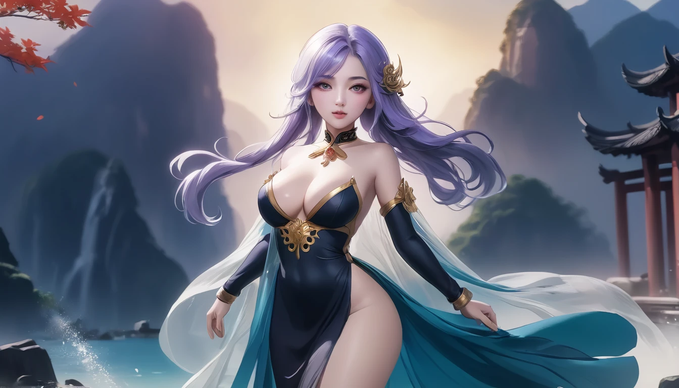 high quality,HD,16K,Sharp Line,1 Girl,fantasy, （Fire Spirits）,Pretty Face, Large Breasts, Beautiful legs,In the water,Focus Girl,detailed Pretty Face,Detailed clothes,beautiful eyes,Cool,Sexy,Dynamic Angle,穿着华服的神明Strike a pose拍照, Ancient mysterious sexy goddess, Traditional beauty woman, Beautiful female warrior god of war , Beautiful sexy goddess, Gorgeous role-playing, high, Beautiful young girl, Beautiful woman, 华丽Beautiful woman, Complex clothing,Chinese Mystical Aesthetics, Beautiful goddess ancient mysterious girl, Extremely detailed shot of the goddess, Jaw-dropping sexy beauty, Big breasts deep neckline sexy belly button（butt), (bedroom), (Sexy Girls), masterpiece, best quality, Bangs, blush, Chest, clavicle, Eyebrows visible through hair, (Ombre gold hair), Jewelry, Long hair,Bright Eyes, ring, (solitary), illustration, fashionable, miss, Strike a pose, background, element, confident, Express, Accessories, majestic, striking, key point, Dynamic poses, ((plump)), (purple))Woman in transparent dress,Viewer,(((Full breasts, Keeley University))),Slim waist,(Navel exposed,Bare waist), Long hair, extreme detailed details, 详细的fantasy艺术, Stunning character art, Beautiful and exquisite character art, Beautiful transparent dress, Very detailed, Large Breasts，Chest，Golden ratio figure，Beautiful figure，Ultra wide-angle shooting，Full body shot拍摄，Body close-up，Full body shot，Wearing a pleated tulle skirt，柔和动漫illustration, 柔和的深色background，Fujifilm XT3 Clear focus, f 5.6, High Detail, Clear focus,(Wearing openwork clothing),, (Natural light), (Tempting)translucent, Good velvet quality, Compared, Divine Light,, Silver hair, 夜空background, Absolute Strength,Female Shinmei，穿着性感丝绸的Female Shinmei,，Large Breasts，Chest，Golden ratio figure，Beautiful figure，Ultra wide-angle shooting，Full body shot，Body close-up，Full body shot， Wearing a tulle dress, Model shooting style, Large Breasts，饱满Chest，Golden ratio figure，Beautiful figure，(Extremely detailed CG 8k wallpaper unit), The most beautiful artistic photos in the world, , 8K 超HD, ) ，Sexy姿态，Sexy表情，best quality,masterpiece,Ultra-high resolution,(Practical:1.4),original photo,Ultra-high resolution