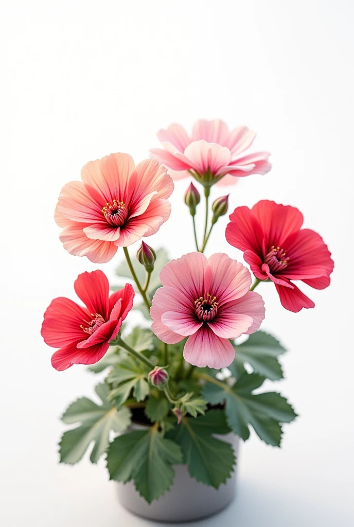 Pure white background,Geranium flowers with leaves