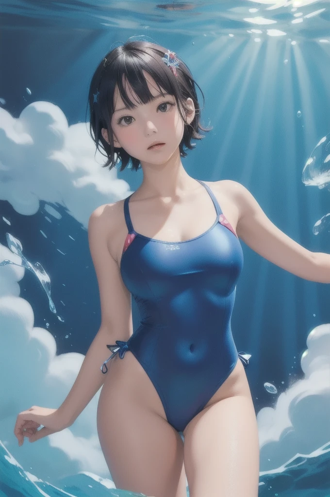 ((((Super Illustration Style:1.0)))),Highest quality,masterpiece,Ray Tracing, Global Illumination,Deep Sea Girl Background,head,Ruffled swimsuit,Blue one piece swimsuit,Cowboy Shot, short hair,Put your arms behind your back,