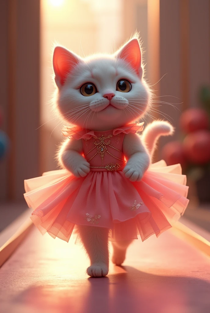 (photorealism:1.2), cute cat wearing lychee dress walking on the runway