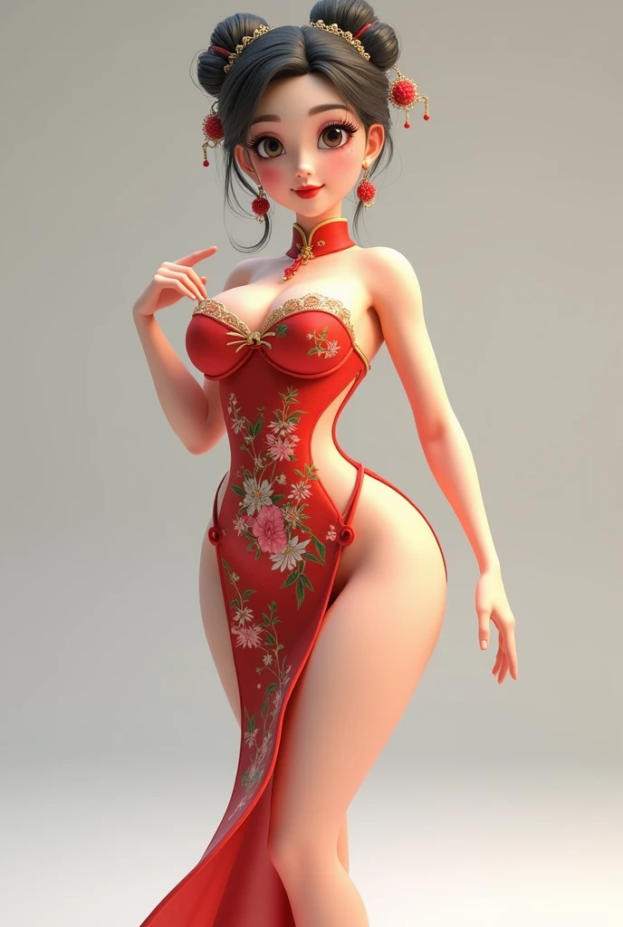 create beautiful Chinese 3D girl with big chest and big hip, wearing attractive hot traditional dress and pointing finger to side, smiling face with portrait full body
