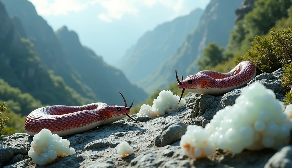 There is white jade ore on the mountain，There are also pit vipers with spikes on their noses between the red and white rings on their bodies.（best quality，4K，8k，High level，masterpiece：1.2），Ultra Detailed，（lifelike，Photo real，Photo real：1.37）