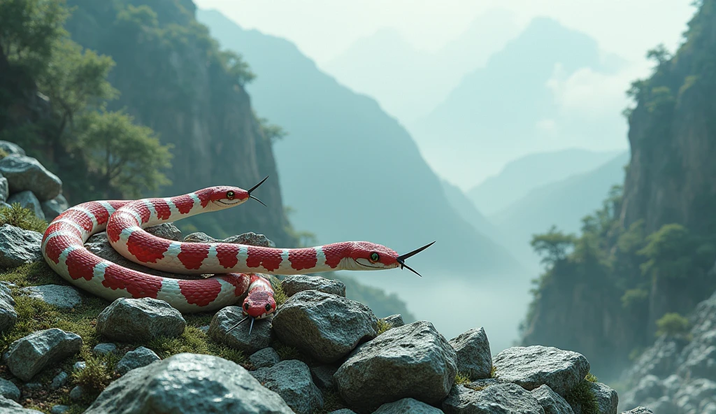 There is white jade ore on the mountain,There are also pit vipers with spikes on their noses between the red and white rings on their bodies.(best quality,4K,8k,High level,masterpiece:1.2),Ultra Detailed,(lifelike,Photo real,Photo real:1.37)