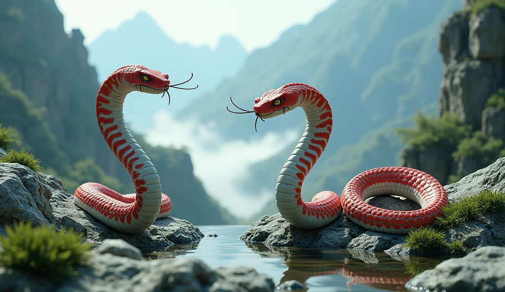 There is white jade ore on the mountain,There are also pit vipers with spikes on their noses between the red and white rings on their bodies.(best quality,4K,8k,High level,masterpiece:1.2),Ultra Detailed,(lifelike,Photo real,Photo real:1.37)