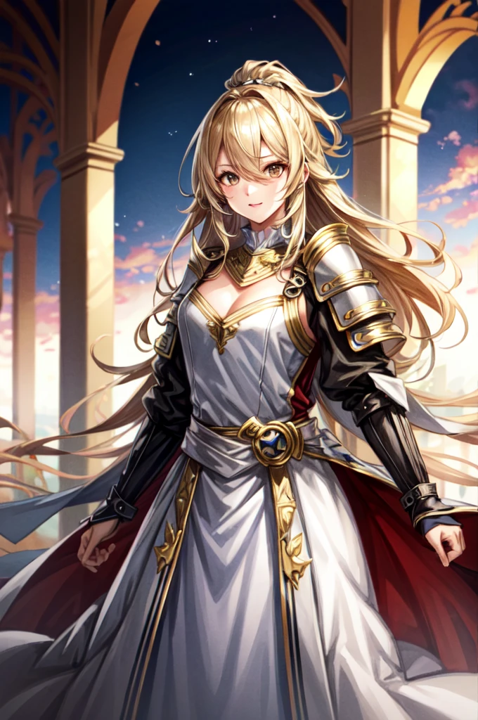 earing armor One adult female, wearing light armor, wearing white dress, Long Hair, blonde hair, golden Eyes, Light makeup, tite waist, full body, hair over eye, anime, cinematic lighting, cowboy shot, UHD, retina, masterpiece, accurate, anatomically correct, textured skin, super detail, high details, high quality, award winning, best quality, highres, 8k
