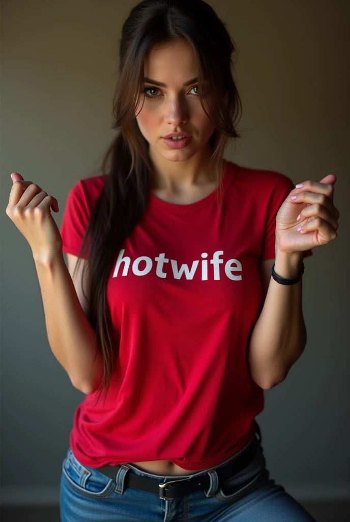 amateur, brunette, eurobabe, (round face), commanding, wanking gesture, stroking gesture, jerk offf gesture, ponytail, red t-shirt with "HOTWIFE" caption, blue jeans, tits, standing