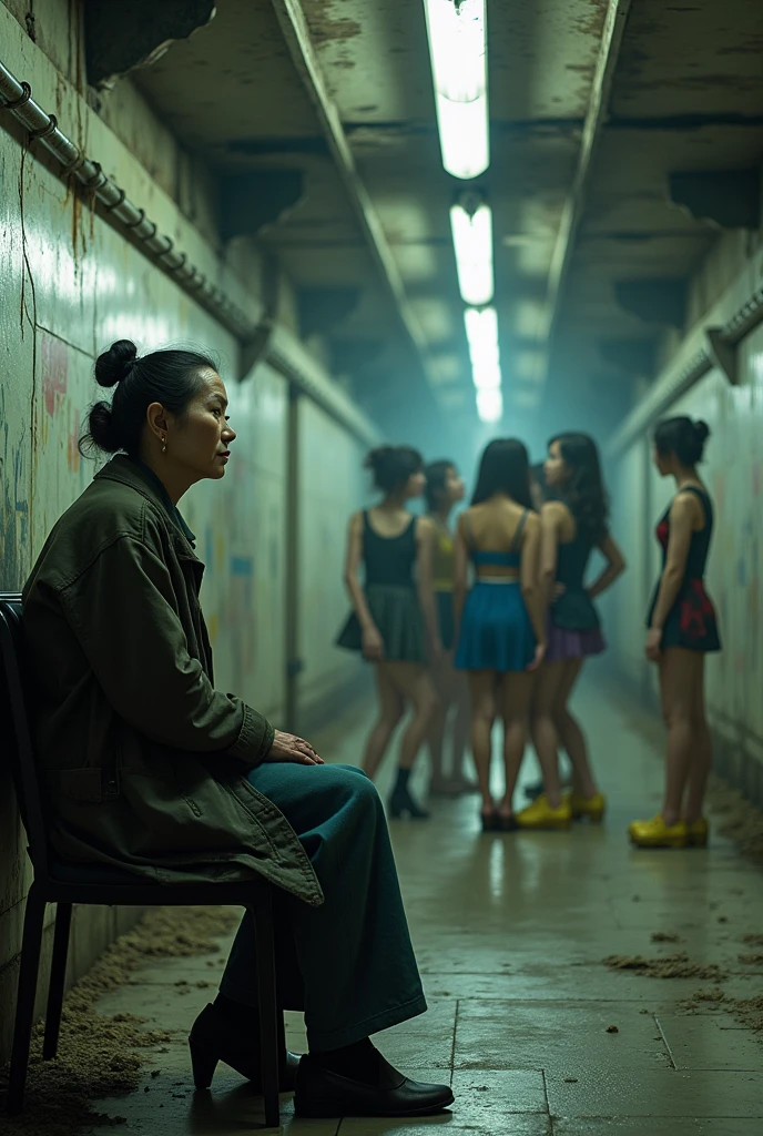 (Old and shabby subway).Korean woman.Korean girl group women.(A woman sitting on a chair across from the subway)