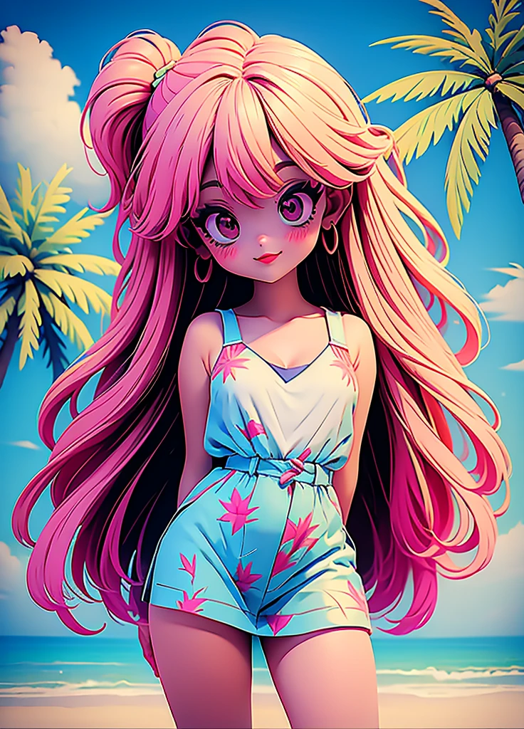 alone, whole body,Earrings, eyelash, pantyhose,, (Beach,(Palm tree),crowd,(White shirt), Floral print,Red lips),Sexy and provocative smile,cyber punk, (Glowing Skin:1.05),(blush:0.9),(Skin Dentition:1.15),Realistic, masterpiece, Highest quality, High resolution,Absurd, (Perfect Face:1.1), (Sharp focus:1.1),,  Trending on Art Station, Complex, Attention to detail, Sharp focus, dramatic,