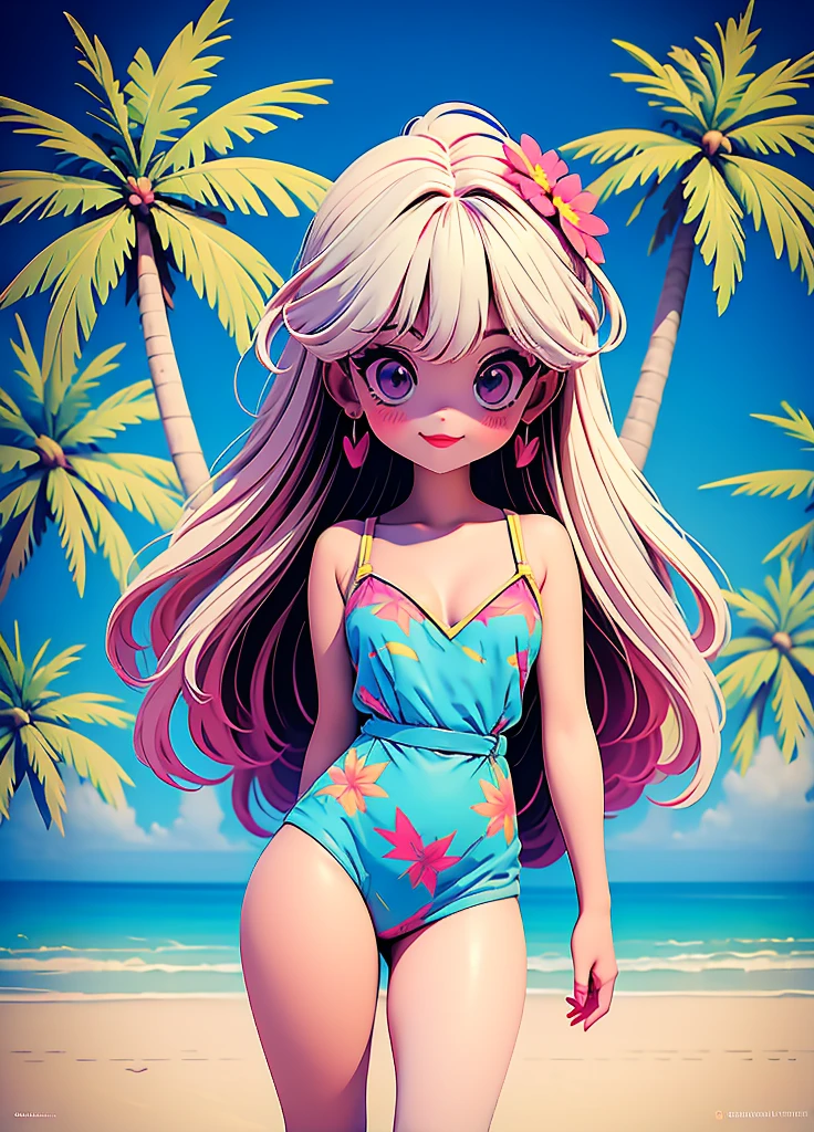 alone, whole body,Earrings, eyelash, pantyhose,, (Beach,(Palm tree),crowd,(White shirt), Floral print,Red lips),Sexy and provocative smile,cyber punk, (Glowing Skin:1.05),(blush:0.9),(Skin Dentition:1.15),Realistic, masterpiece, Highest quality, High resolution,Absurd, (Perfect Face:1.1), (Sharp focus:1.1),,  Trending on Art Station, Complex, Attention to detail, Sharp focus, dramatic,