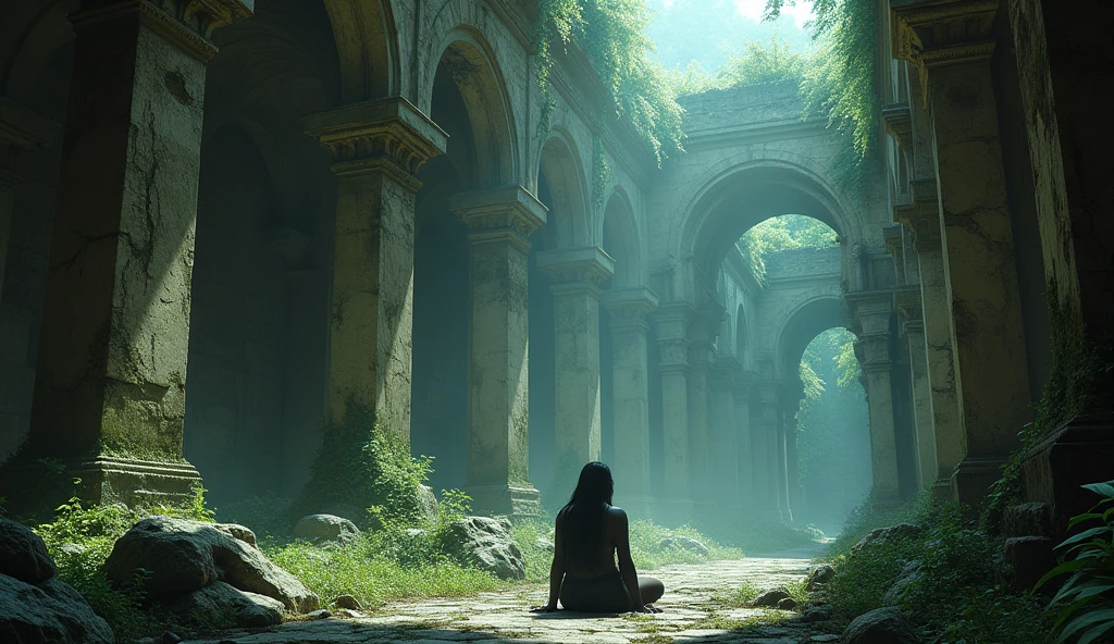 (ultra detailed), Ancient ruins. The camera captures the protagonist sitting in the ancient ruins from above. From the camera's perspective, a mysterious light shines into the ruins, creating a fantastical atmosphere.