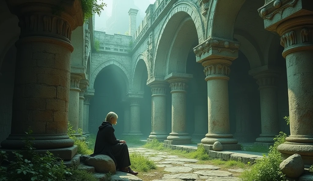 (ultra detailed), Ancient ruins. The camera captures the protagonist sitting in the ancient ruins from above. From the camera's perspective, a mysterious light shines into the ruins, creating a fantastical atmosphere.