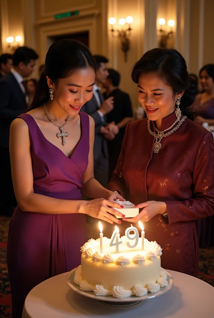dinner celebrating the 49th birthday of an Indonesian woman, attended by Mrs. Megawati Soekarnoputri. In front of them was a birthday cake with the word 49 written on it with the number 49 candles.. There is writing "For Diah". They were both dressed in high class formals. The woman is wearing a purple high neck dress and wearing a diamond necklace with a cross on the end.. The woman's position is blowing out the candles. Mrs. Megawati gave a birthday present that will be given to the woman. Around them the guests shook hands. Super realistic photos. UHD image. Pose facing the camera