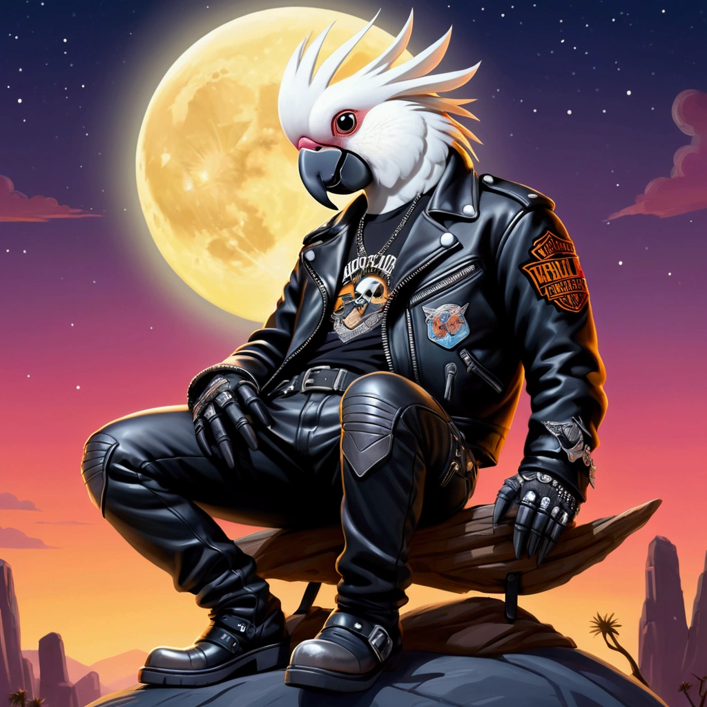 Cartoon-style rock and metal biker cockatoo, sleeping with a guitar strapped to its back, adorned with a black leather Harley Davidson biker jacket, black leather biker gloves, black leather biker pants camping under moonlit sky, soft shadow detailing, humor evident in the clumsiness of its posture, vibrant night colors around, contrasted by the lunar light, digital painting, ultra vivid colors, dynamic pose.