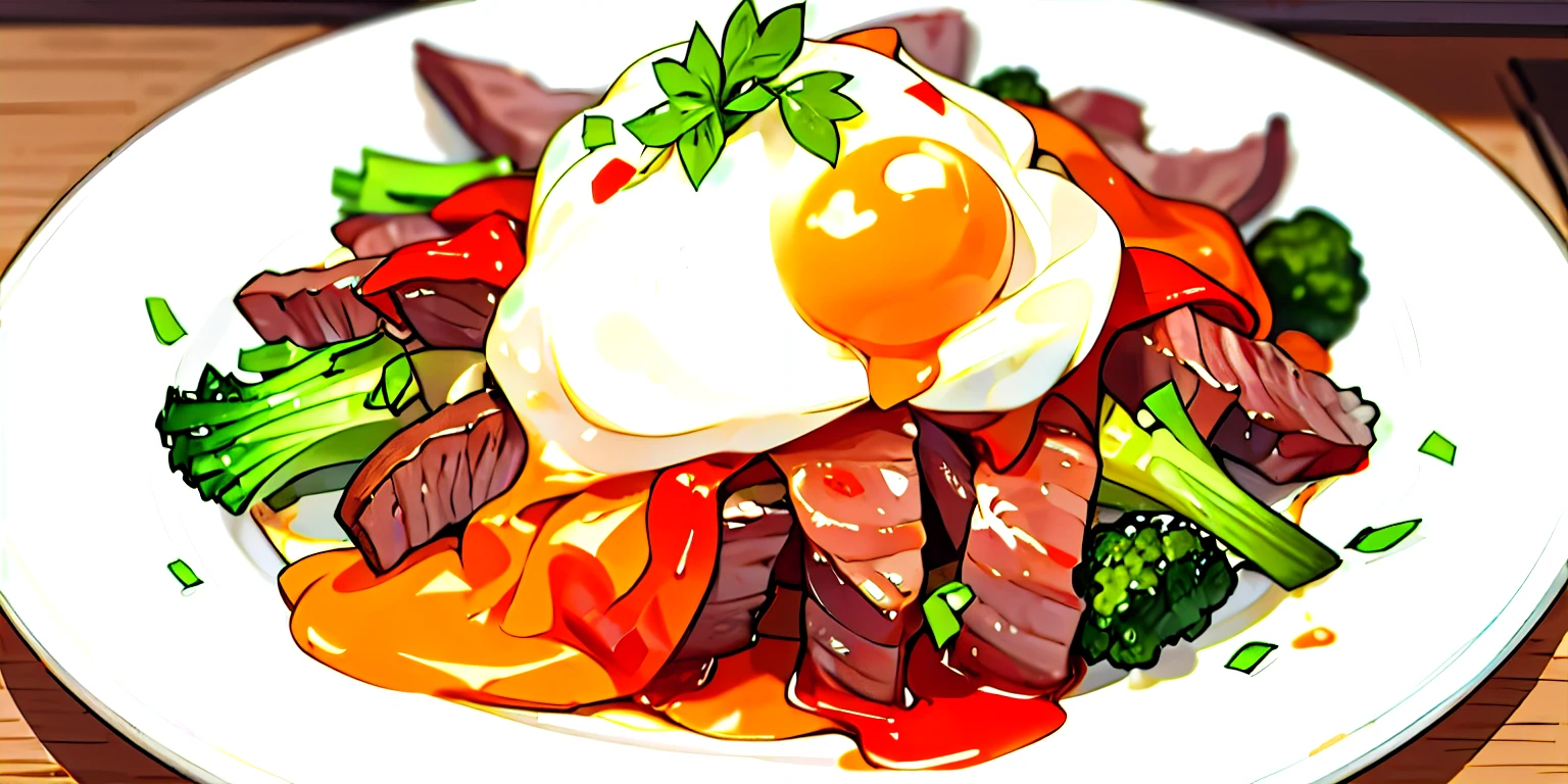 stir-fried leg with vegetables, topped with beef tsa tsio sauce, fried egg presented on a white plate