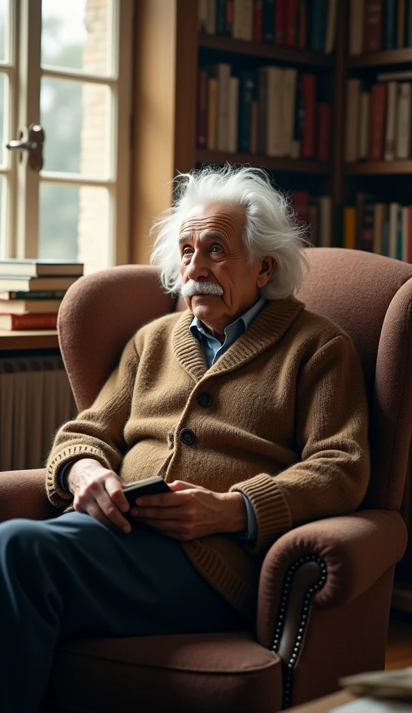 His legacy endures not only in the scientific field but also as a symbol of creativity and independent thought. "Albert Einstein in a cozy study room filled with books and papers, sitting in an armchair with a thoughtful expression, wearing a cardigan and holding a notebook, the background showing a window with sunlight streaming through, casting a warm glow on the room, hyper-realistic, photo realism, cinematography -- ar 9:16."