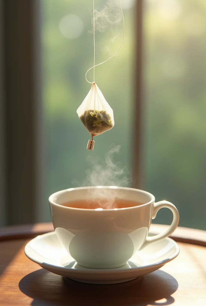 Drawing of a tea bag falling into a tea cup