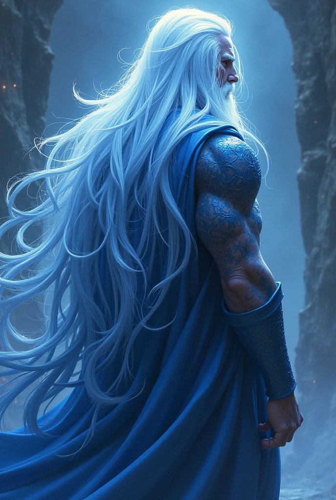 Dinamic long blue and white hair man7th world king backside 7 world image long dinamic black hair man