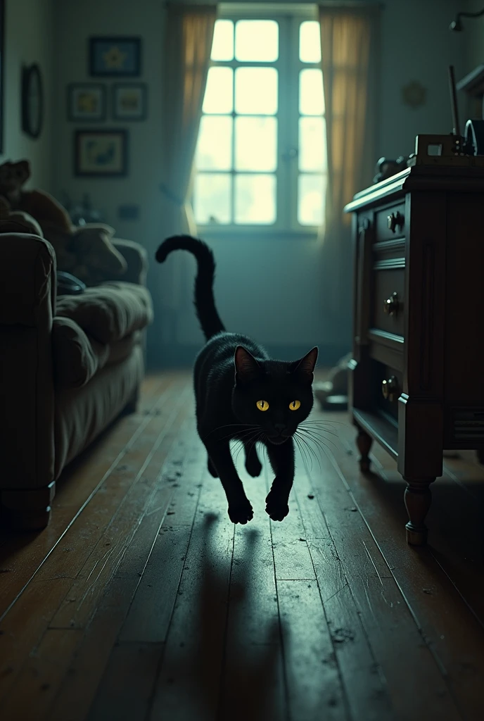 a black cat running scared in an apartment 