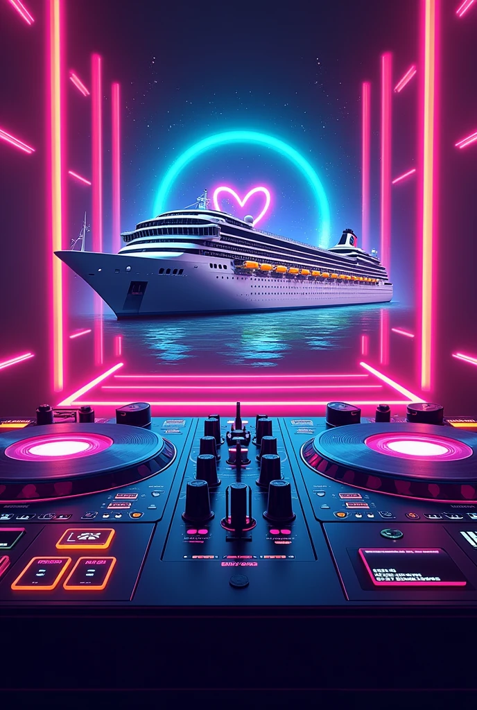 I need an 80s themed Artwork as a poster without people for a Club event which is called LOVE ON DECKS, the name is a pun including the cruise ship and the DJ turn tables. The logo of the party LOVE ON DECKS hast to be visible with an heart instead of an o. The ship and a dj turn table the hast to be prominent as well as the logo text