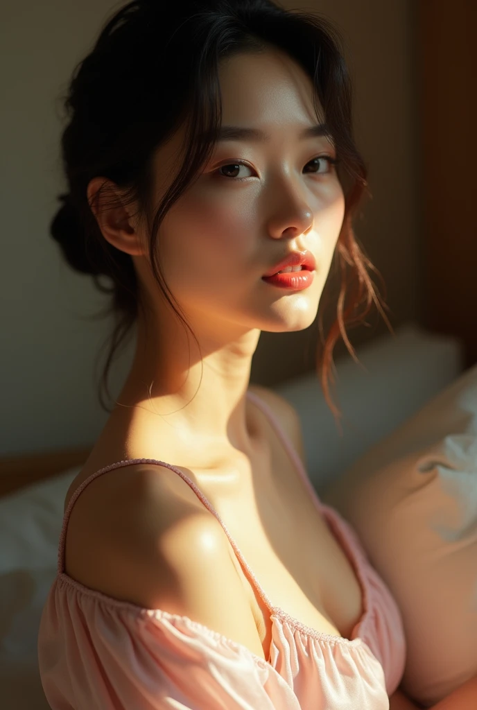 Japanese woman in soft lighting at home, Wearing a delicate silk nightgown、, A close-up capturing the graceful curves of her breasts and the delicate lines of her neck..