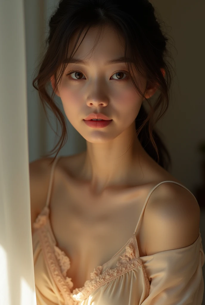 Japanese woman in soft lighting at home, Wearing a delicate silk nightgown、, A close-up capturing the graceful curves of her breasts and the delicate lines of her neck..