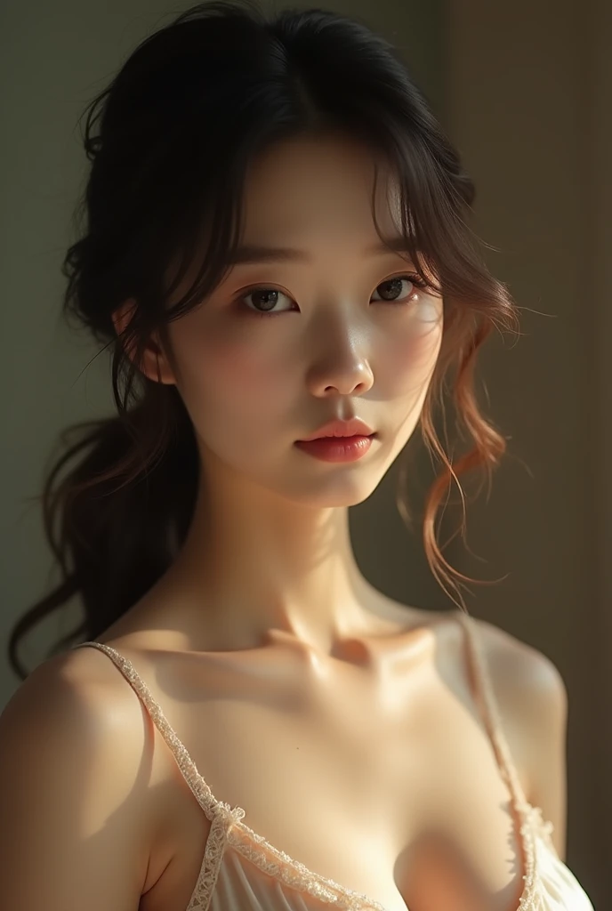 Japanese woman in soft lighting at home, Wearing a delicate silk nightgown、, A close-up capturing the graceful curves of her breasts and the delicate lines of her neck..