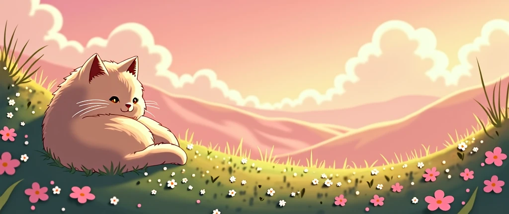 Cat, Cozy , Anime ,Lofi ,Ultrawide , Studio Ghibli vibes , Wide view ,Pink color tones ,landscape