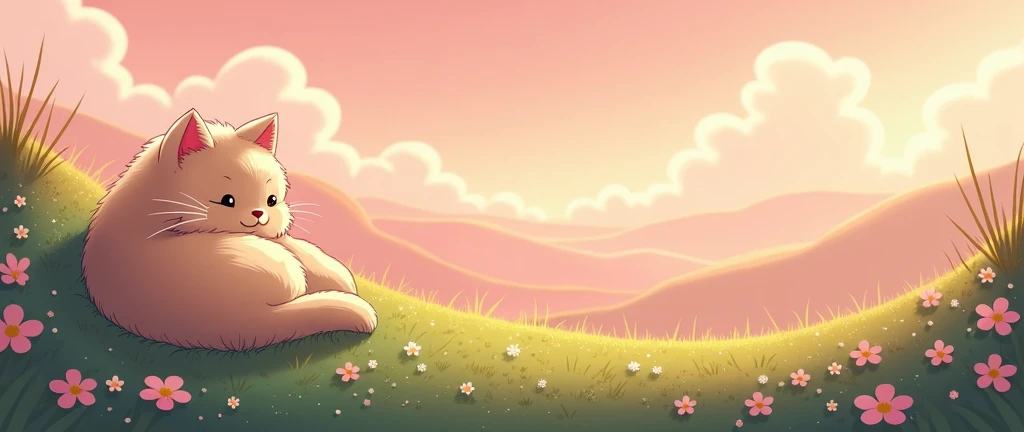 Cat, Cozy , Anime ,Lofi ,Ultrawide , Studio Ghibli vibes , Wide view ,Pink color tones ,landscape