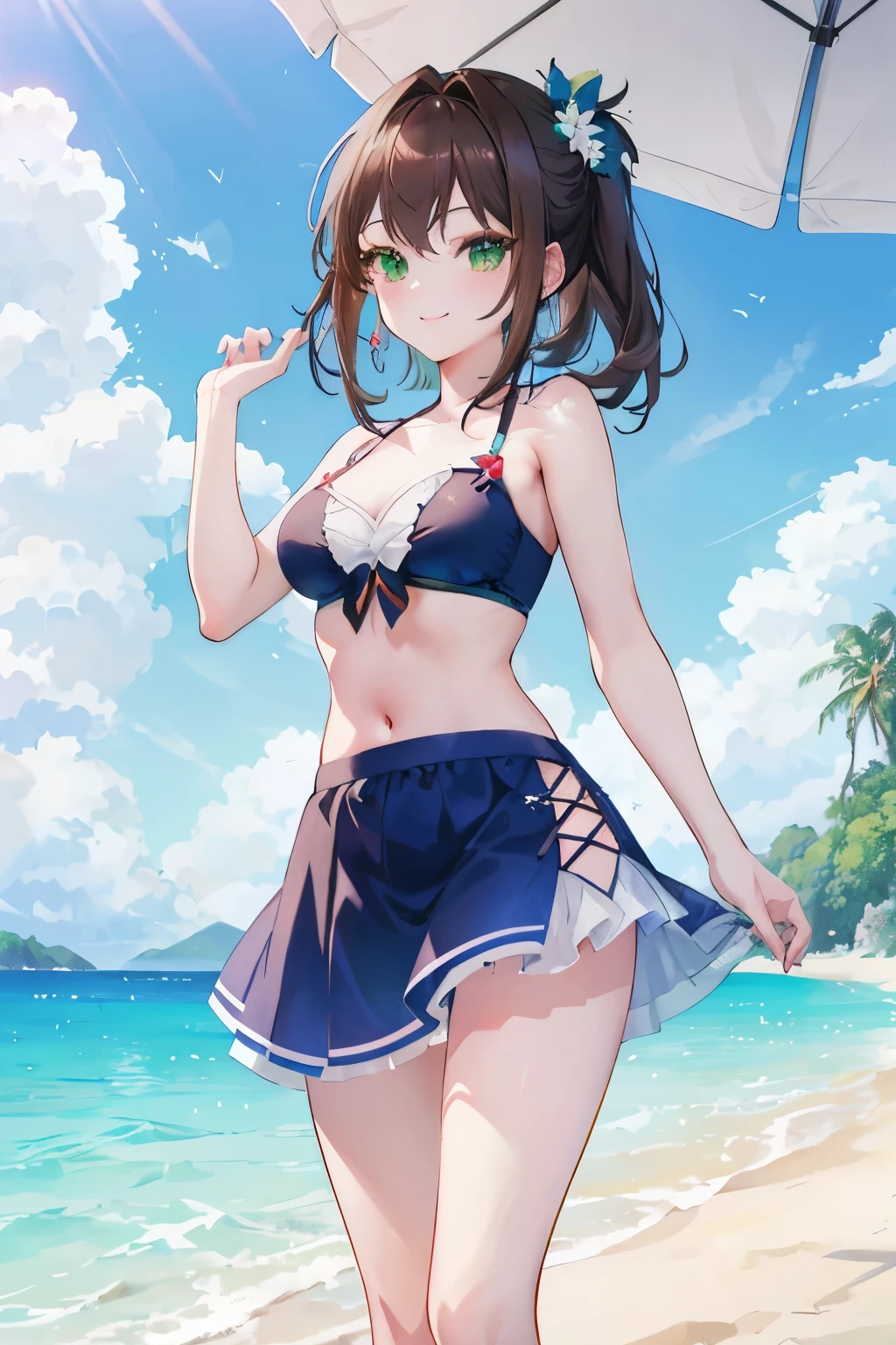 ((masterpiece, Highest quality, High resolution, 超High resolution, Pixel perfect, Written boundary depth, 4K, RTTX 10.0, High resolution))), 1 person, single, alone, Beautiful Anime, Beautiful art style, Anime characters, ((Shortcuts, bangs, Dark brown hair)), ((Green Eyes:1.4, Round eyes, Beautiful eyelashes, current eyes)), ((Smooth texture:0.75, Anime CG style)), ((Dynamic Angle, close)), Perfect body, (cute), Normal chest, whole body, ((4K, 8k, Highest quality, Perfect Fingers: 1.3, Perfect Anatomy: 1.3, Background Blur)), whole bodyアングル, Illustrations depicting summer memories, The character is a girl with a bright smile.、Having a good time with friends under the blue sky, She plays on the beach and by the pool, Blue sky on background, White cloud, Sandy beaches and lush greenery、A landscape symbolizing summer unfolds