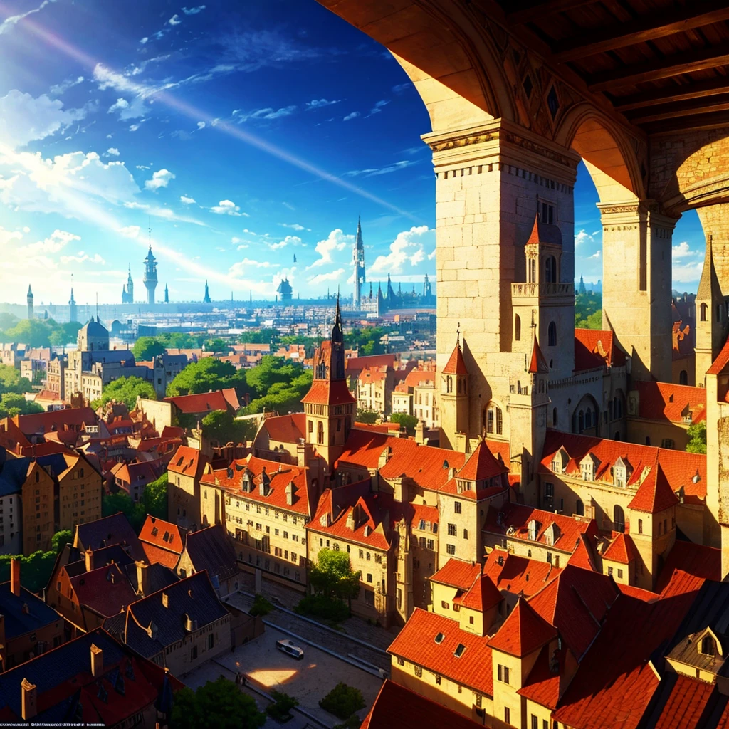 aerial view of a very luxurious medieval cornubation, with very detailed houses and buildings, cinematic lighting, god rays, anime style, UHD, masterpiece, accurate, high quality, highres