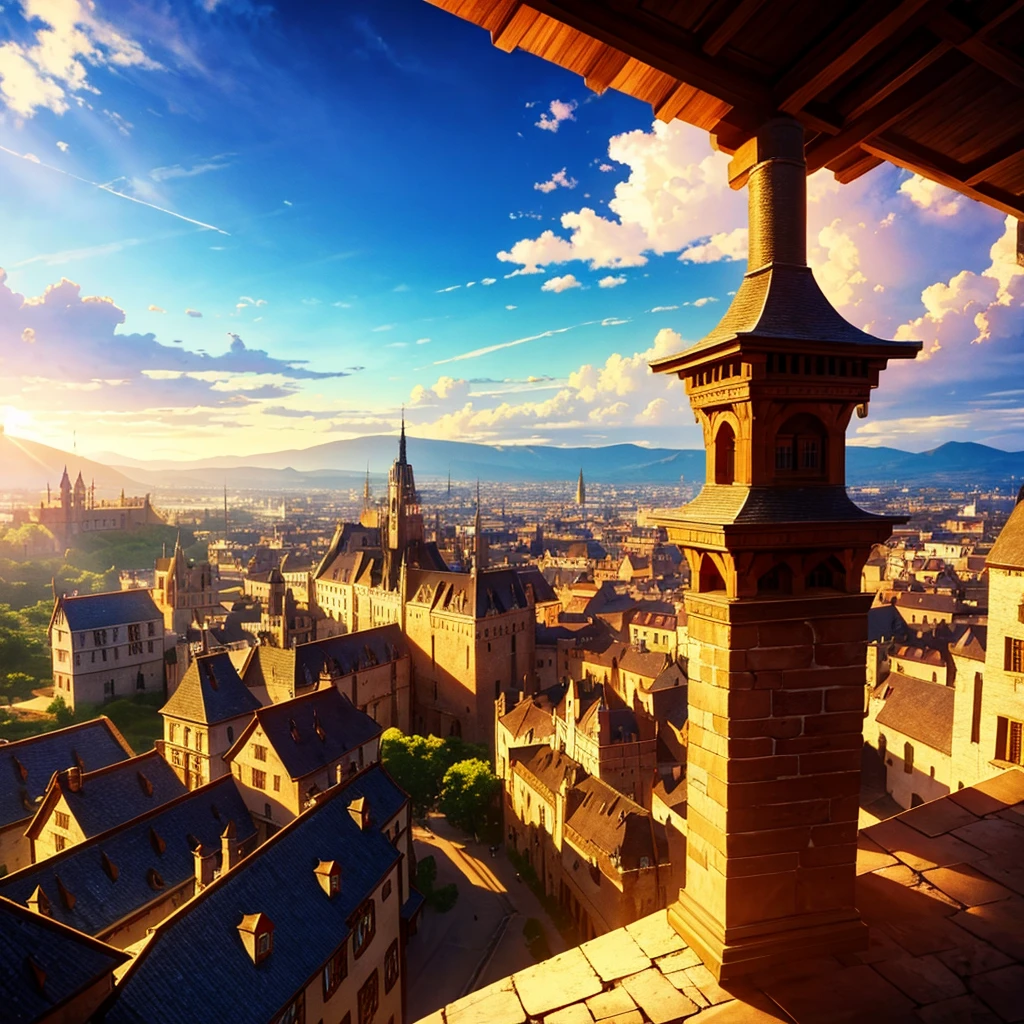 aerial view of a very luxurious medieval cornubation, with very detailed houses and buildings, cinematic lighting, god rays, anime style, UHD, masterpiece, accurate, high quality, highres