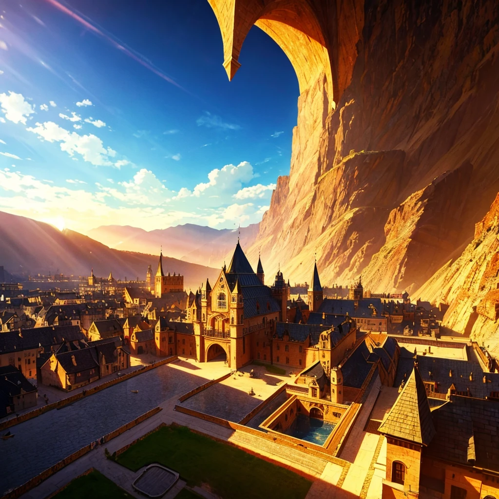 aerial view of a very luxurious medieval cornubation, with very detailed houses and buildings, cinematic lighting, god rays, anime style, UHD, masterpiece, accurate, high quality, highres