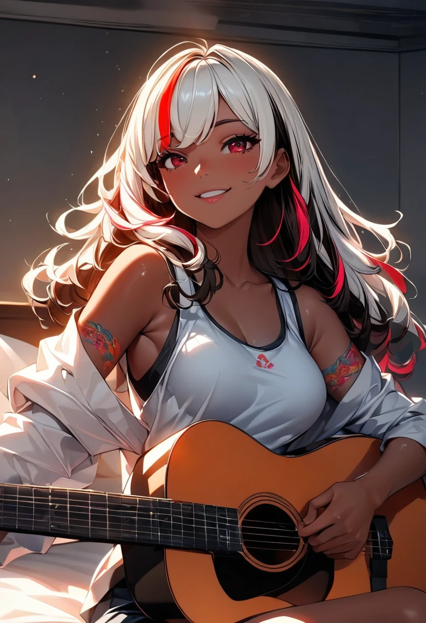 (highest quality:1.2, Very detailed, up to date, Vibrant, Ultra-high resolution, High Contrast, masterpiece:1.2, highest quality, Best aesthetics), Portraiture、girl、singer, solo, ((25-years-old:1)), Bright colors, Beautiful fine details、Beautiful lip detail、medium wave hair、red and white ((streaked hair:1.6)), highlights hair: 1.5, red eyes, slim body, medium breast, (tan skin:1.1), (Floral Fineline tattoo design on left arm:1), tank top, shorts, sitting on bed, bright her room, huge windows, singing, playing acoustic guitar, smile, (upper body:1.4)
