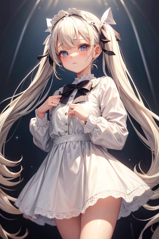 Long twin tails、Platinum Blonde、Baby Face、White Teddy Dress、Clothes with lots of lace、Headband、Embarrassed face、Pull up your skirt yourself