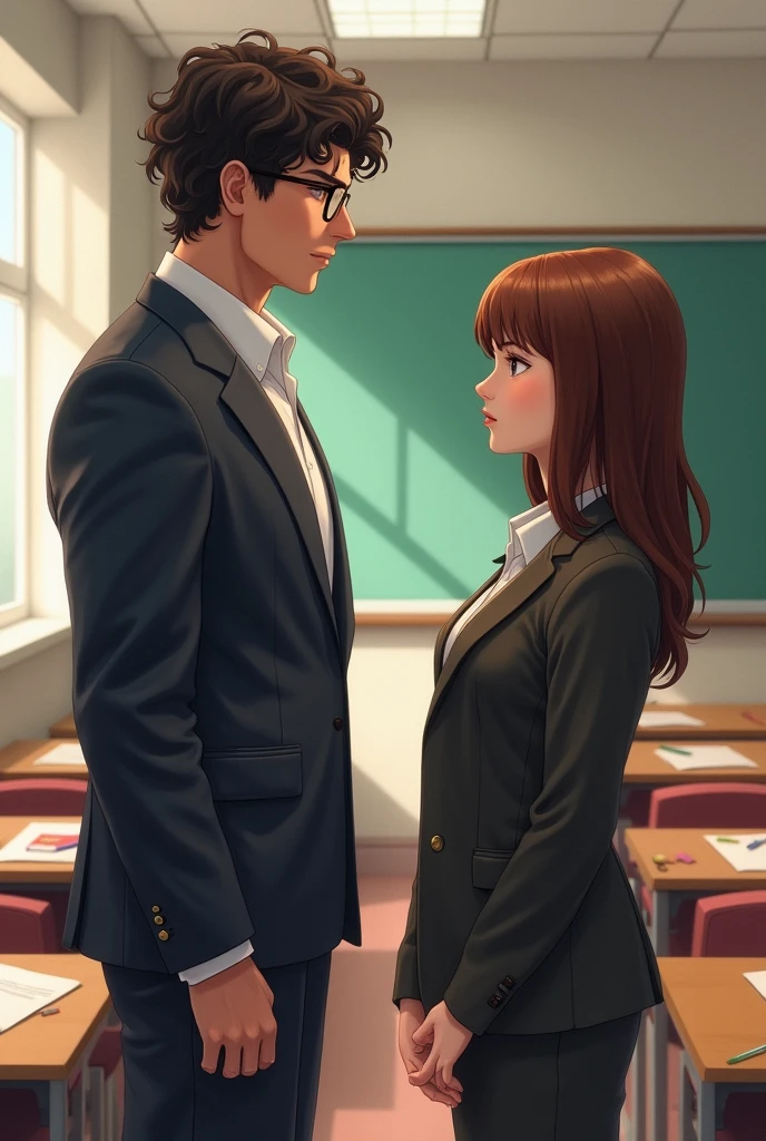 Create rivals in a classroom A tall brown-skinned man with curly hair A short brown-skinned woman with straight, shoulder-length hair